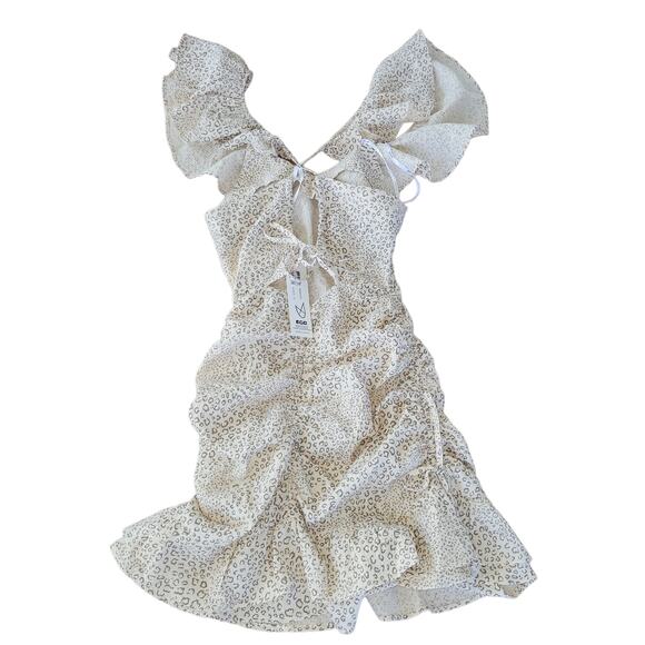 MinkPink Halsey Ruched Mini Natural Beige Cheetah Print Dress Women Sz XS - Picture 3 of 13